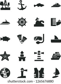 Solid Black Vector Icon Set - anchor vector, small fish, commercial seaport, lighthouse, coastal, planet, sand castle, hotel, starfish, flippers, diving mask, surfing, handwheel, life vest, jet ski