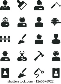 Solid Black Vector Icon Set - builder vector, workman, trowel, building, ceramic tiles, helmet, putty knife, hammer with claw, operator, welding, gas, woman, man, dispatcher, scientist, access