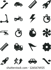 Solid Black Vector Icon Set - truck lorry vector, lightning, stopwatch, wind direction indicator, motor vehicle, child Kick scooter, timer, delivery, marine propeller, retro car, rocket, space