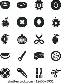 Solid Black Vector Icon Set - scissors vector, mark of injury, iron fork spoons, arm saw, stationery knife, cheese, pizza, piece meat, half pomegranate, plum, mango, peach, melon, cherry, lemon