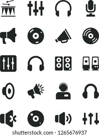 Solid Black Vector Icon Set - desktop microphone vector, horn, loudspeaker, drumroll, headphones, CD, regulator, volume, no sound, operator, megaphone, pc speaker, settings