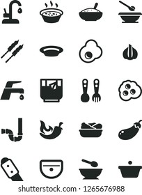 Solid Black Vector Icon Set - deep plate with a spoon vector, plates and spoons, plastic fork, sink, siphon, knife, faucet mixer, kitchen, bowl of rice porridge, in saucepan, lettuce, barbecue, pan