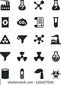 Solid Black Vector Icon Set - flask vector, manufacture, factory, oil, barrel, industrial building, radiation, carbon dyoxide, filter, water, research article, test tube, molecule, nuclear