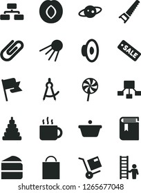 Solid Black Vector Icon Set - paper bag vector, loudspeaker, book, stacking toy, hand saw, flag, flowchart, artificial satellite, shipment, clip, piece of cake, lollipop, cup tea, plum, pan, saturn