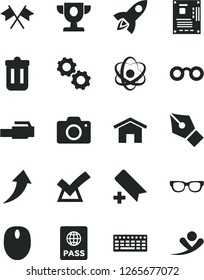 Solid Black Vector Icon Set - camera vector, add bookmark, home, passport, mouse, keyboard, motherboard, trash bin, lan connector, atom, glasses, gears, ink pen, prize, cross flags, arrow up, rocket