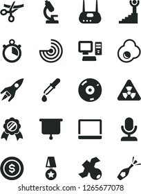 Solid Black Vector Icon Set - fried egg vector, computer, notebook pc, router, cd, microscope, nuclear, satellite, pipette, radar, rocket, presentation board, stopwatch, winner stairway, medal, star