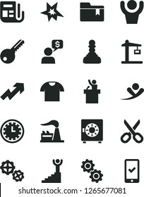Solid Black Vector Icon Set - scissors vector, clock face, growth up, folder bookmark, gears, key, strongbox, T shirt, factory, Construction crane, morning paper, bang, pawn, winner stairway, flying