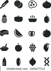 Solid Black Vector Icon Set - feeding bottle vector, mercury thermometer, cheese, a bowl of buckwheat porridge, hot, tomato, omelette, orange slice, biscuit, large grape, medlar, mango, date fruit