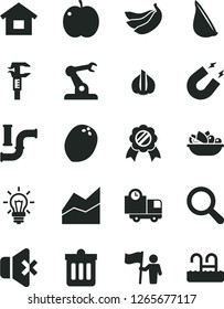 Solid Black Vector Icon Set - magnifier vector, line chart, dwelling, dust bin, no sound, delivery, a plate of fruit, garlic, apple, bananas, coconut, water pipes, assembly robot, caliper, magnet