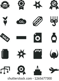Solid Black Vector Icon Set - minus vector, toys over the cot, winch hook, Hot Dog, birthday cake, bottle, physalis, radish, CO2, jar, season sale, sd card, medal, bang, star certificate