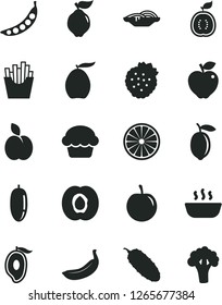 Solid Black Vector Icon Set - slices of onion vector, cake, hot porridge, cucumber, French fries, strawberries, apple, half apricot, quince, red, mango, loquat, date fruit, tasty plum, lemon, banana