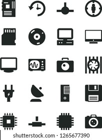 Solid Black Vector Icon Set - camera vector, screen, electric plug, satellite antenna, goal woman, computer, radiator fan, pc tower, motherboard, cpu, monitor, cd, connect, floppy, sd card, history