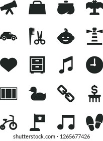 Solid Black Vector Icon Set - heart symbol vector, spectacles, bedside table, rubber duck, accessories for a hairstyle, funny hairdo, child bicycle, window frame, wall clock, music, retro car, purse