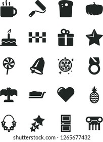 Solid Black Vector Icon Set - cake vector, new roller, interroom door, ceramic tiles, bell, star, heart, gift, Easter, slice, lollipop, cup of tea, a pineapple, pumpkin, gold ring, three stars