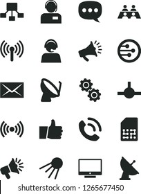 Solid Black Vector Icon Set - envelope vector, thumb up, screen, phone call, operator, artificial satellite, dish, SIM, hierarchical scheme, loudspeaker, horn, speech, conversation, network, connect