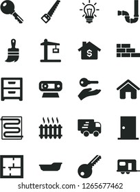 Solid Black Vector Icon Set - bath vector, house, brick wall, arm saw, wooden paint brush, siphon, laying out, key, ntrance door, heating coil, nightstand, Construction crane, cast iron radiator