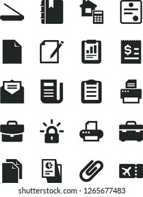 Solid Black Vector Icon Set - clean sheet of paper vector, suitcase, estimate, received letter, notebook, notes, clip, statistical report, article on the dollar, research, newspaper, printer