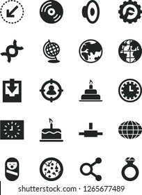 Solid Black Vector Icon Set - clock face vector, loudspeaker, download archive data, roly poly doll, birthday cake, star gear, left bottom arrow, CD, pizza, planet, connections, man in sight, globe
