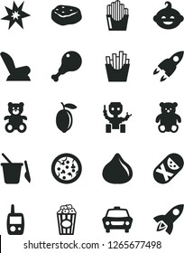 Solid Black Vector Icon Set - car child seat vector, tumbler, toy mobile phone, children's sand set, teddy bear, small, funny hairdo, pizza, chicken leg, piece of meat, French fries, cup popcorn