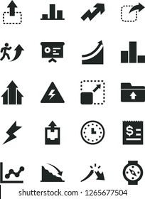 Solid Black Vector Icon Set - danger of electricity vector, growth up, bar chart, graph, upload archive data, folder, lightning, expand picture, move, right, recession, a crisis, wall watch, arrows