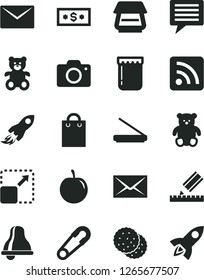 Solid Black Vector Icon Set - bell vector, image of thought, camera, envelope, rss feed, safety pin, teddy bear, small, drawing, expand picture, jam, biscuit, tasty plum, space rocket, bag, scanner