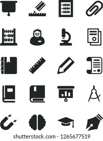 Solid Black Vector Icon Set - clip vector, yardstick, new abacus, e, drawing, notebook, magnet, scribed compasses, pencil, research article, scientific publication, presentation, microscope, brain
