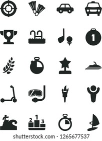 Solid Black Vector Icon Set - stopwatch vector, motor vehicle, child Kick scooter, timer, car, pedestal, flame torch, winner, laurel branch, prize, star reward, first place medal, aim, pool, surfing