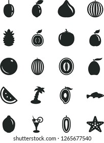 Solid Black Vector Icon Set - small fish vector, orange slice, fig, melon, water, half of mango, loquat, passion fruit, sweet date, lime, sour, guava, guawa, ripe pineapple, persimmon, palm tree