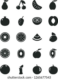 Solid Black Vector Icon Set - cherry vector, ripe peach, pomegranate, tasty mulberry, half of mango, loquat, delicious plum, tangerine, slice, yellow lemon, kiwi, passion fruit, orange, grapefruit
