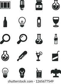 Solid Black Vector Icon Set - incandescent lamp vector, mercury thermometer, e, window frame, bulb, a glass of soda, bottle, jar jam, round flask, light, magnifier, test tube, zoom, cocktail