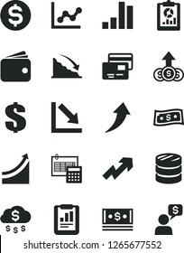 Solid Black Vector Icon Set - growth up vector, dollar, graph, negative chart, calculation, cards, column of coins, bar, recession, statistical report, overview, wallet, cash, arrow, money rain
