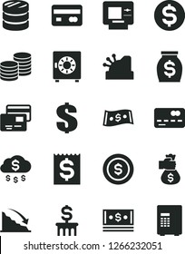 Solid Black Vector Icon Set - dollar vector, strongbox, cards, coins, reverse side of a bank card, front the, column, recession, financial item, money, cash, cashbox, bag hand, rain, coin, atm, safe