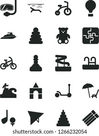 Solid Black Vector Icon Set - stacking rings vector, toy, small teddy bear, box of bricks, child bicycle, Kick scooter, Puzzles, pawn, air balloon, hang glider, bike, beach, arnchair under umbrella