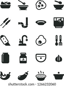 Solid Black Vector Icon Set - deep plate with a spoon vector, plates and spoons, iron fork, sink, siphon, knife, kitchen faucet, porridge in saucepan, lettuce, barbecue, chili, glass of tea, jar jam
