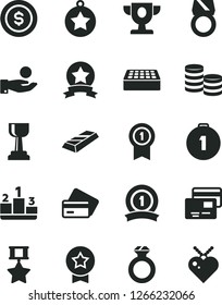Solid Black Vector Icon Set - brick vector, cards, pedestal, coins, catch a coin, prize, gold cup, star medal, first place, with pennant, ribbon, hero, diamond ring, bar, dollar, credit card