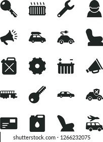 Solid Black Vector Icon Set - truck lorry vector, horn, Baby chair, car child seat, key, pass card, battery, racer, canister, of oil, electric, autopilot, repair, aluminum radiator, limousine, bus