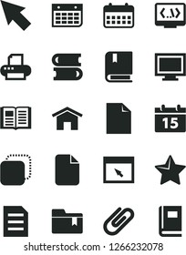 Solid Black Vector Icon Set - monitor window vector, clean sheet of paper, folder bookmark, e, books, home, calendar, star, book, clip, copy, wall, printer, browser, coding, cursor, file
