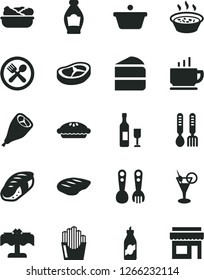 Solid Black Vector Icon Set - plastic fork spoons vector, iron, coffee, piece of cake, pie, porridge in a saucepan, lettuce plate, grill chicken leg, bacon, chop, fried potato slices, sushi, bottle