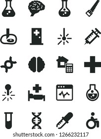 Solid Black Vector Icon Set - plus vector, arm saw, estimate, cardiogram, flask, mercury thermometer, outdoor, test tube, dna, brain, pipette, artifical insimination, syringe, hospital bed, disabled