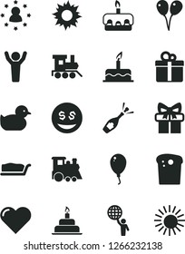 Solid Black Vector Icon Set - baby duckling vector, toy train, children's, colored air balloons, balloon, cake, birthday, heart, gift, Easter, slice, torte, man hold world, hands up, stars around