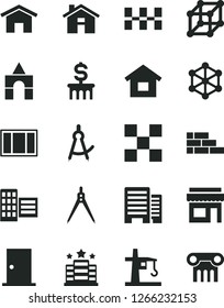 Solid Black Vector Icon Set - house vector, box of bricks, dwelling, brick wall, window frame, ntrance door, buildings, city block, tile, ceramic tiles, home, tower crane, drawing compass, 3d cube