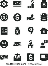 Solid Black Vector Icon Set - column of coins vector, dollar, article on the, financial item, catch a coin, money, cash, mortgage, pedestal, bag, gear, eyes, mail, dialog, pin, atm