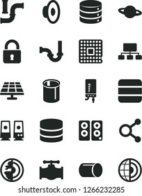 Solid Black Vector Icon Set - loudspeaker vector, sewerage, electronic boiler, lock, big data, planet, solar panel, valve, water pipes, processor, pipe, connections, scheme, pc speaker, earth core