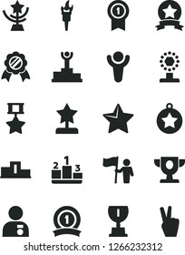 Solid Black Vector Icon Set - star vector, pedestal, flame torch, winner, podium, prize, award, cup, reward, man with medal, hold flag, pennant, ribbon, hero, victory hand