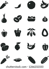 Solid Black Vector Icon Set - stick of sausage vector, slices onion, lettuce in a plate, cabbage, cucumber, chili, peper, carrot, coffee beans, quince, goji berry, Bell pepper, ripe, red, hot
