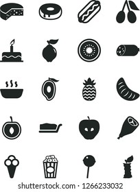 Solid Black Vector Icon Set - cake vector, sausage, cheese, Hot Dog, slice, with a hole, porridge, grill chicken leg, Chupa Chups, cup of popcorn, cone, quince, tasty apple, cornels, half mango