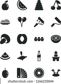 Solid Black Vector Icon Set - stacking rings vector, small yule, colored air balloons, new roller, paint, color samples, bundle of eggs, onion, porcini, bottle soda, orange slice, cherry, half peach