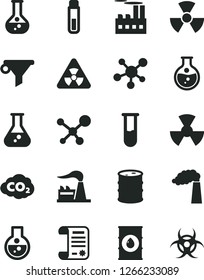 Solid Black Vector Icon Set - round flask vector, manufacture, factory, oil, barrel, industrial building, radiation, carbon dyoxide, water filter, research article, test tube, molecule, nuclear