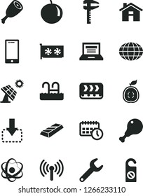 Solid Black Vector Icon Set - house vector, laptop, smartphone, move down, chicken leg, thigh, tangerine, half of guawa, big solar panel, conveyor, repair key, calipers, globe, agenda, gpu card