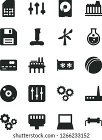 Solid Black Vector Icon Set - floppy disk vector, bath ball, regulator, round flask, wind energy, hydroelectricity, industrial enterprise, SIM, gears, three, front of the bank card, notebook pc, gpu